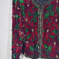 Vintage Laurence Kazar XL Red Sequin Poinsettia Silk Beaded Christmas Jacket