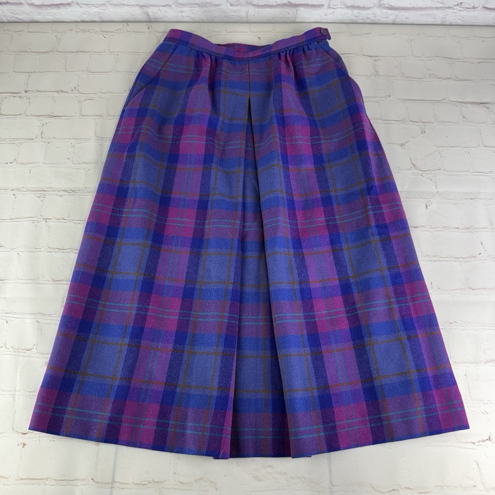 Vintage Pendleton Purple Plaid 100% Virgin Wool Made in USA Midi Skirt Size 10