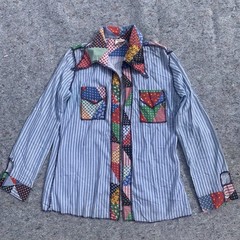 Vintage 70s Betmar rayon polyester faux patchwork striped long sleeve shirt top