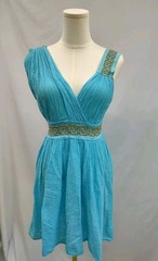 Gauze Boho Dress Festival Summer Beach Look Bright Blue Greek Key Embroidery M/L