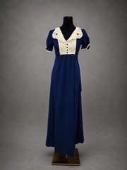 VTG 1970s Blue Prairie Maxi Dress Lace Bib Empire Waist Cottagecore Boho Romanti