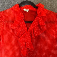VTG NaMa CA Blouse Sheer M Red Polka Dot Ruffle Pinup Rockabilly Americana Retro