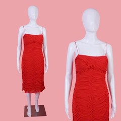 1990s CACHE Red SILK CHIFFON Draped Dress W/Ruffle Details. Small. As Is