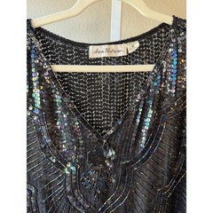Ann Katrine Vintage Beaded Sequin Silk Tank Top Black Iridescent V-Neck Medium