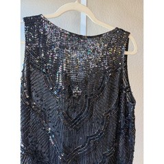 Ann Katrine Vintage Beaded Sequin Silk Tank Top Black Iridescent V-Neck Medium
