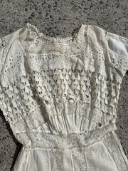 VTG Wounded 1900s Ivory Embroidered Cotton Lace Edwardian Tea Dress Size Small