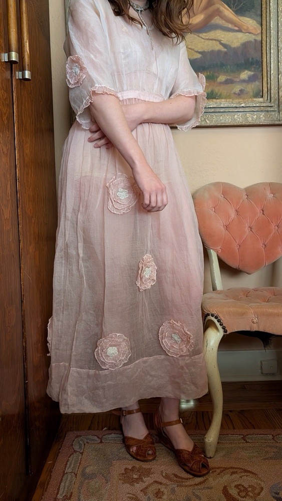 Antique 1920s Pink Cotton Organdy Dress Rosettes Gown Size Small/Medium
