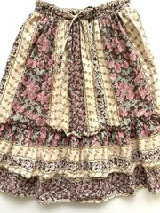 Vintage 70s/80s Floral Striped Tiered Prairie Cottage Midi Skirt